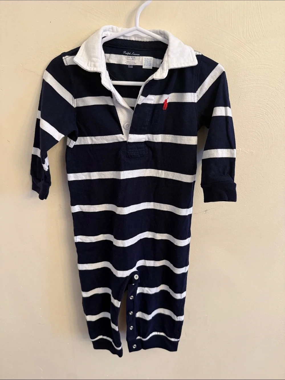Ralph Lauren Navy & White Striped Polo One-Piece with Red Logo